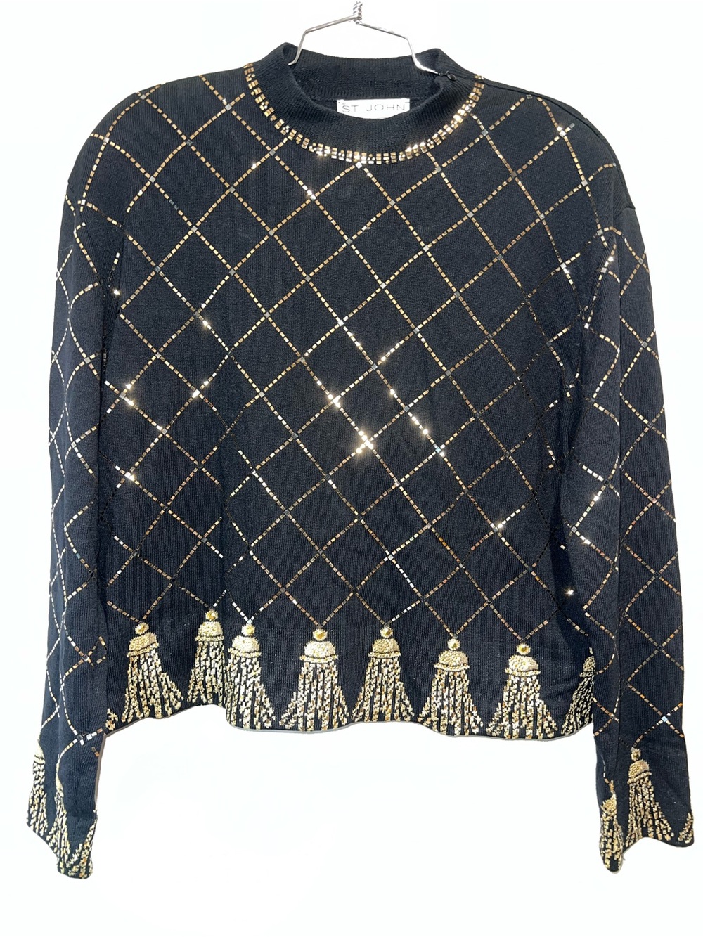 Vintage St. John Evening Gold Metallic Tassel Knit Sweater Top USA 14